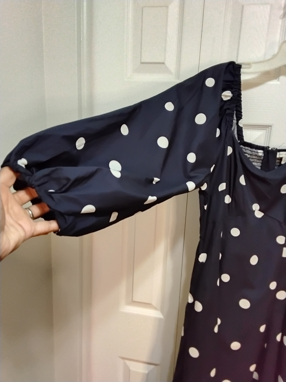 Polka Dot Puff-Sleeve Midi Dress - Navy & White - Picture 3 of 8